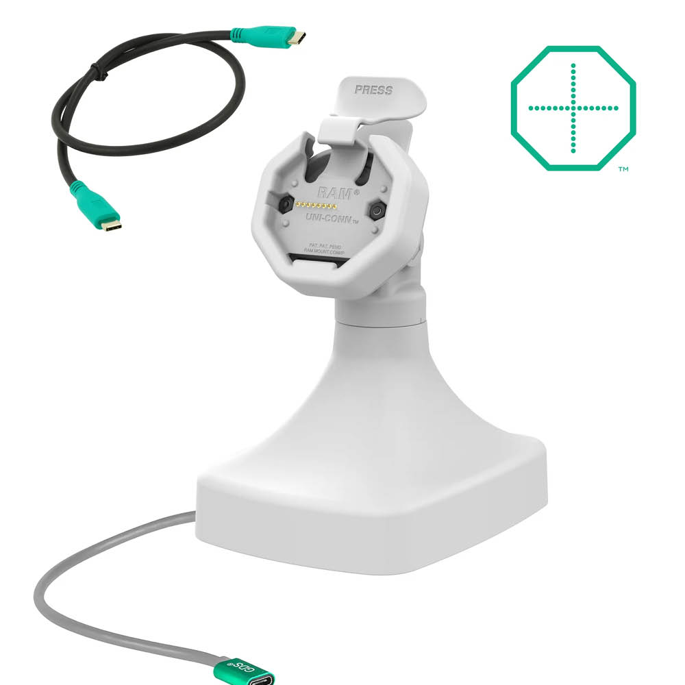 RAM Mounts GDS Uni-Conn Stand-Dockingstation - Dreh- & Schwenkbar - USB-C-Anschluss - Rückseitige Pogo-Pads - Hellgrau
