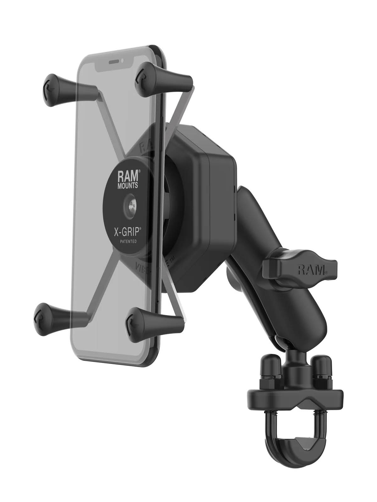 RAM Mounts X-Grip Lenker-/Rohr-Halterung für Smartphones bis 114,3 mm Breite mit Vibe-Safe Adapter - B-Kugel (1 Zoll), Rohr-Klemme, mittlerer Verbindungsarm