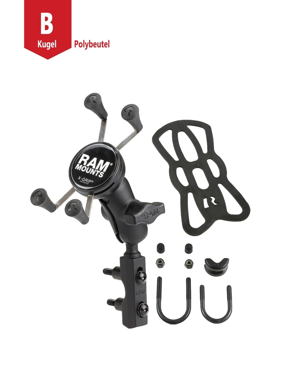 RAM Mounts X-Grip Motorrad-Halterung für Smartphones bis 82,6 mm Breite - B-Kugel (1 Zoll), Basisbefestigung (Lenker/Bremse/Kupplung), kurzer Verbindungsarm