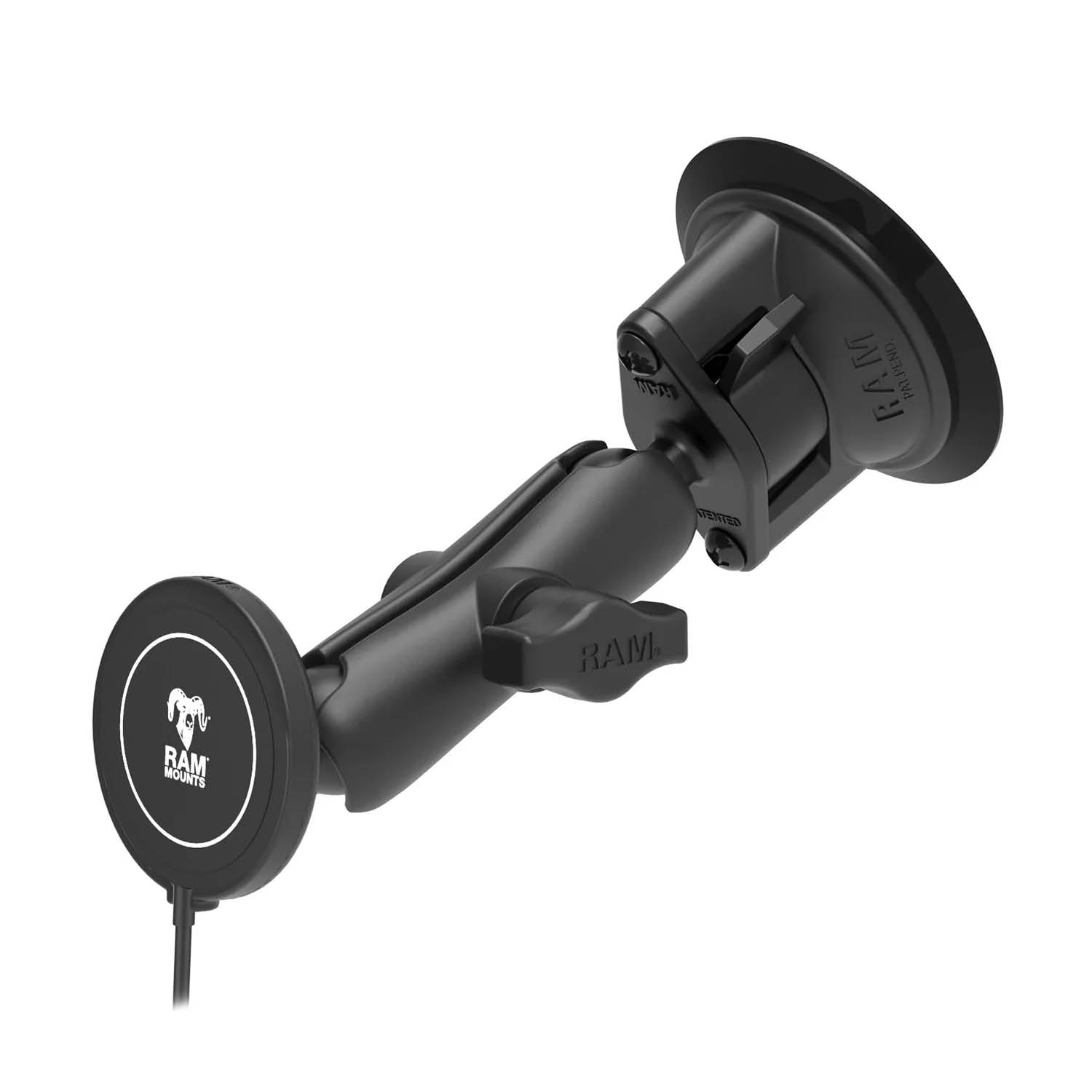 RAM Mounts Saugfuss-Halterung mit Qi2 Wireless Charger Power Delivery - B-Kugel (1 Zoll), MagSafe kompatibel, USB-C & USB-A Anschluss