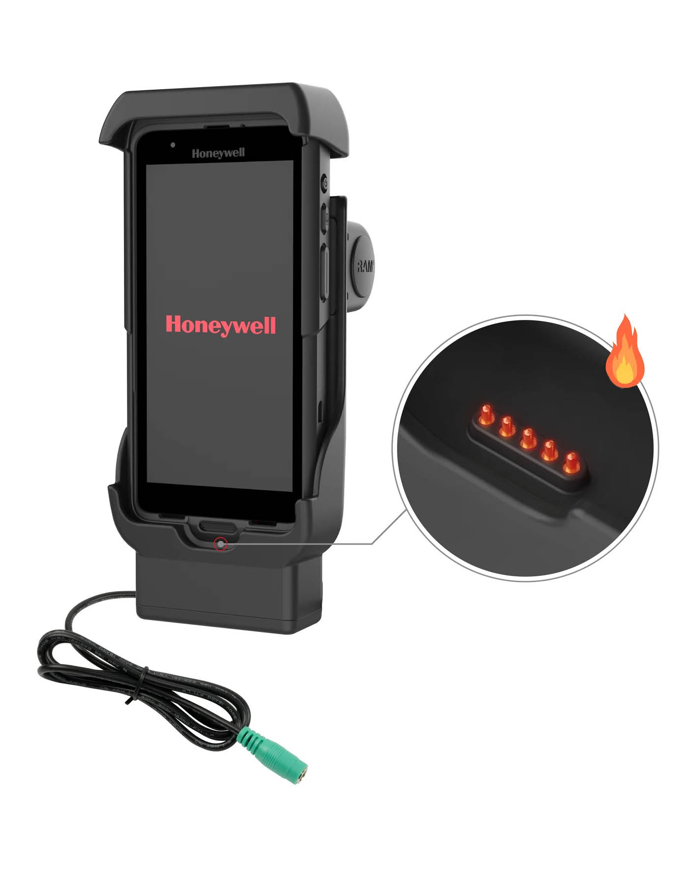 RAM Mounts Form-Fit Halteschale für Honeywell CT40, CT45 & CT47 - Mit und Ohne OEM-Schutzhülle - Beheizte Pogo-Pins - 5.5mm DC-Anschluss