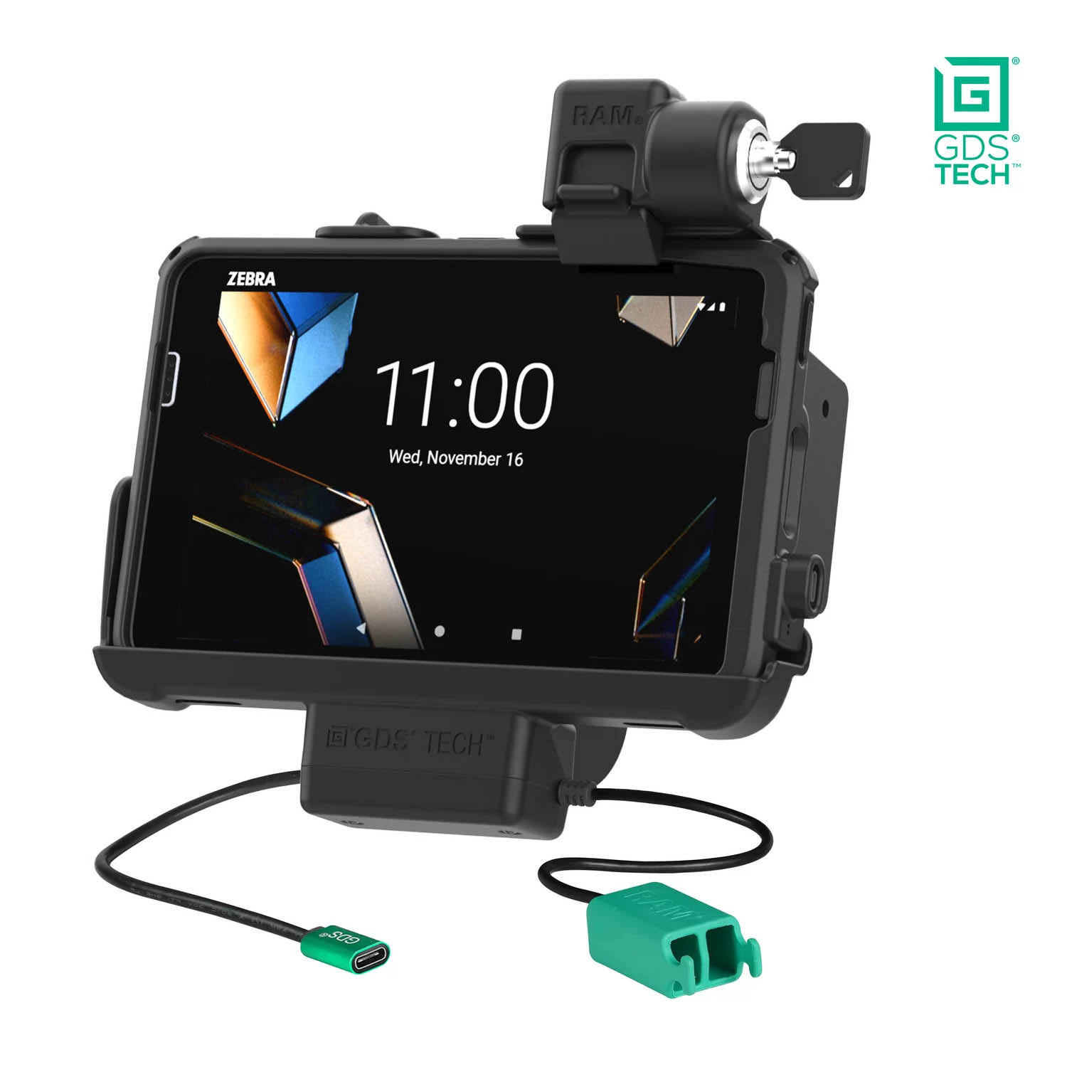 RAM Mounts GDS Form-Fit Holder (Key-Locking) for Zebra ET401, ET40 & ET45 (8") Tablets in IntelliSkin Protective Sleeve - USB-C & Dual USB-A Connector