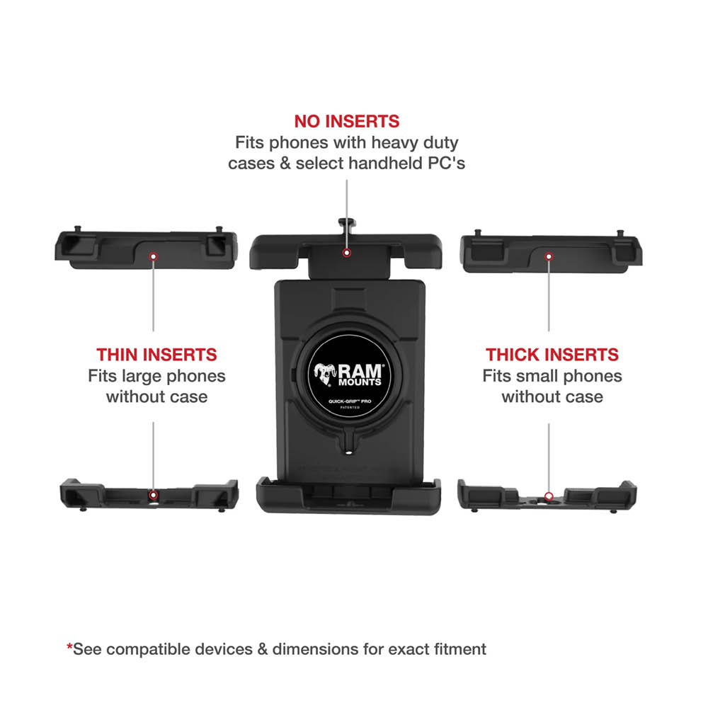 RAM Mounts Quick-Grip™ Pro XL Universal Halteschale für Smartphones mit Vibrationsdämpfung inkl. Trapez-Basisplatte - B-Kugel (1 Zoll), MagSafe kompatibel
