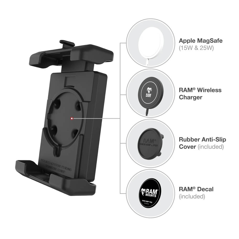 RAM Mounts Quick-Grip™ Pro XL Universal Lenker-/Rohr-Halterung - B-Kugel (1 Zoll), Schraub-Klemme (12,7-31,8 mm), mittlerer Verbindungsarm, MagSafe kompatibel