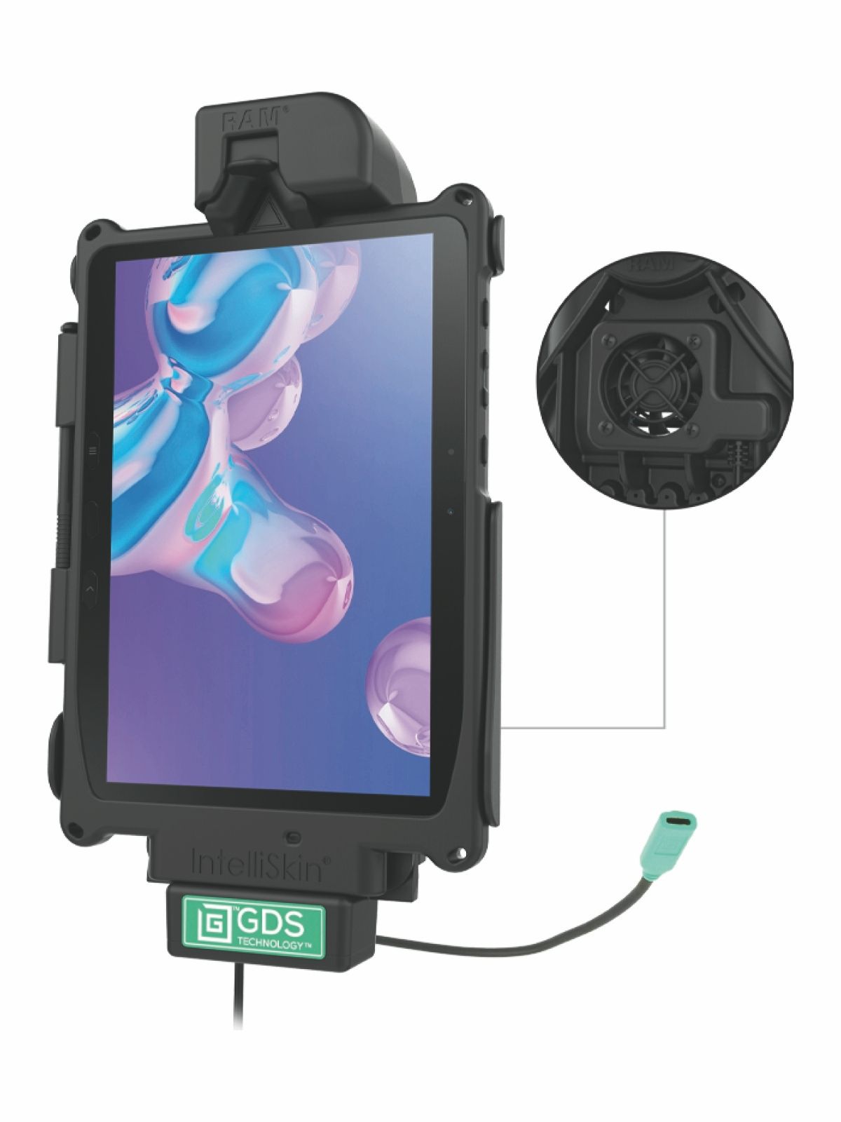 RAM Mounts GDS Cool-Dock Samsung Tab Active Pro in IntelliSkin-Lade-/Schutzhüllen - mit Ventilator, microUSB, 15 W Ausgang, AMPS-Aufnahme