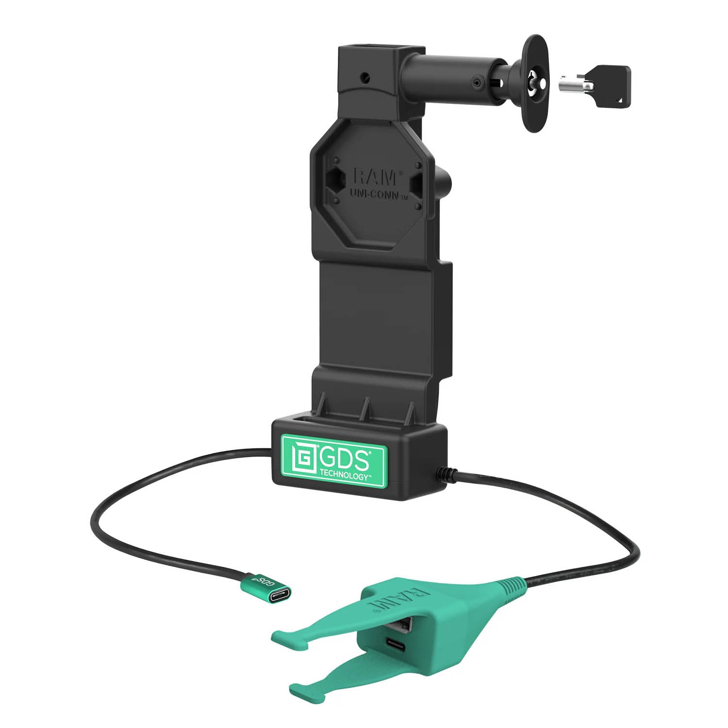 RAM Mounts GDS Uni-Conn Charging Dock (Key-Locking) with Release Button - 2-Hole AMPS - USB-C & USB-C/A Connector - Screw Set