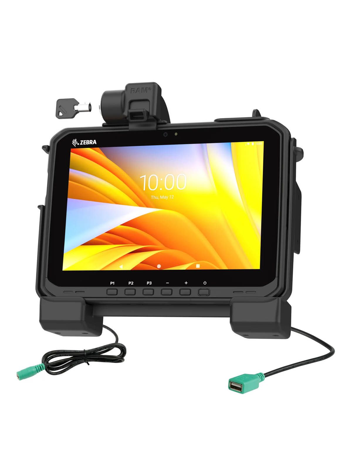 RAM Mounts Form-Fit Halteschale (Schlüsselverriegelung) für Zebra ET60 & ET65 Tablets - mit & ohne Tastatur - 5.5mm DC & USB-A-Anschluss