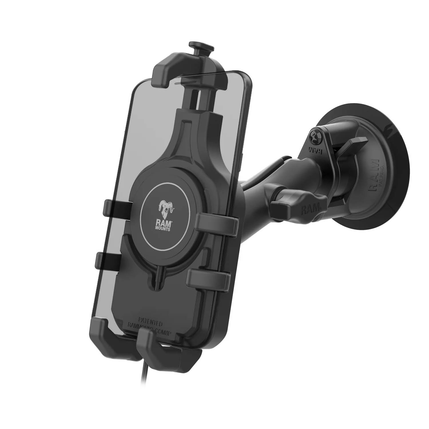 RAM Mounts Quick-Grip Pro Saugfußhalterung für Smartphones mit Qi2 Wireless Charger - Bis 95,25 mm Breite - Mag-Safe Kompatible - Trapez-Basiskugel - Mittlerer Verbindungsarm - Saugfuß mit Trapez-Basiskugel - B-Kugel (1 Zoll)