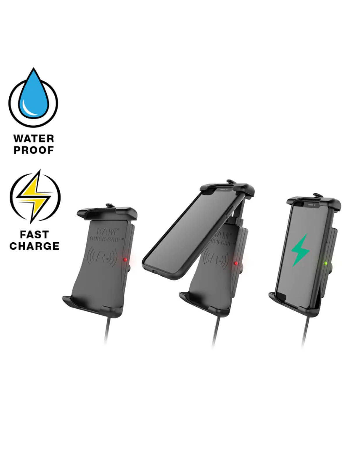 RAM Mounts Saugfuss-Halterung mit Quick-Grip Halteschale für Smartphones mit Ladefunktion - B-Kugel (1 Zoll), QI kompatibel, spritzwassergeschützt, USB-A