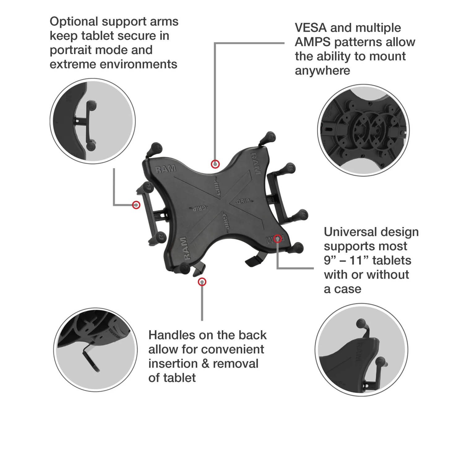 RAM Mounts X-Grip Doppel-Saugfuß-Halterung (Gewölbte Oberflächen) für 9-11 Zoll Tablets - Runde Basiskugel - Mittlerer Verbindungsarm - Saugfuß mit Trapez Basiskugel - B-Kugel (1 Zoll) - Schrauben-Set