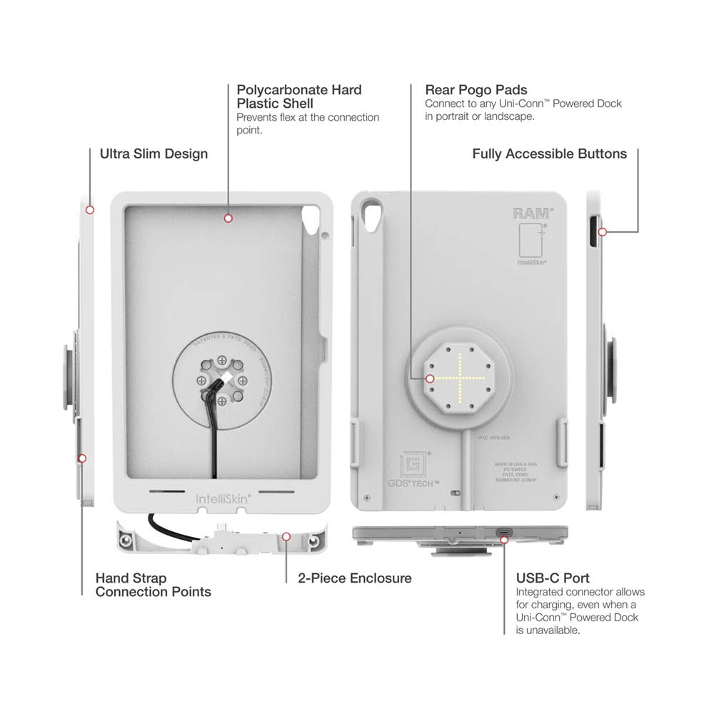 RAM Mounts IntelliSkin Thin-Case Ladeschutzhülle für Apple iPad 10 & 11 Gen. (A16) - GDS-Technologie, Rückseitige Pogo-Pads, USB-C-Anschluss (Extern), hellgrau