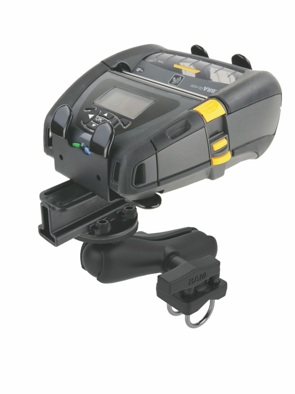 RAM Mounts Drucker-Rohrhalterung für mobile Drucker - C-Kugel (1,5 Zoll), Doppel-Klemmschelle, mittlerer Verbindungsarm, runde Basisplatte (AMPS)