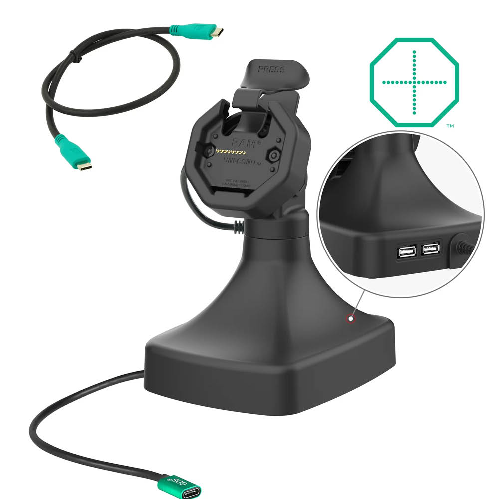 RAM Mounts GDS Uni-Conn Stand-Dockingstation - Dreh- & Schwenkbar - USB-C- & Dual USB-A-Anschluss - Rückseitige Pogo-Pads