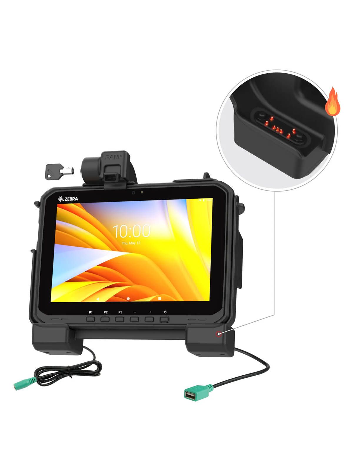 RAM Mounts Form-Fit Holder (Key-Locking) for Zebra ET60 & ET65 Tablets - with & without keyboard - Heated Pogo-Pins - 5.5mm DC & USB-A Connector