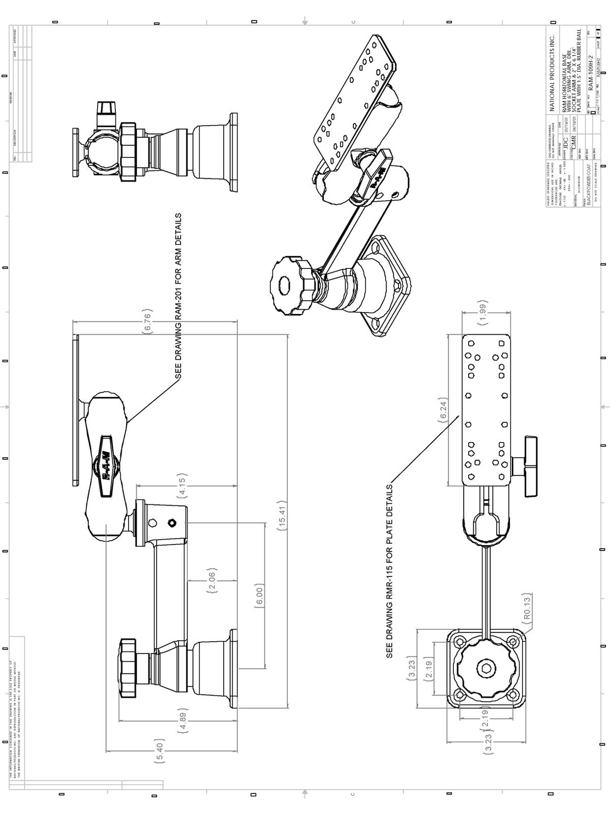 RAM Mounts Schwenkarm für Marine-GPS - Horizontal-Basis, mittlerer Verbindungsarm, rechteckige Universal-Platte (ca. 158 x 50 mm, diverse Lochraster), C-Kugel (1,5 Zoll)