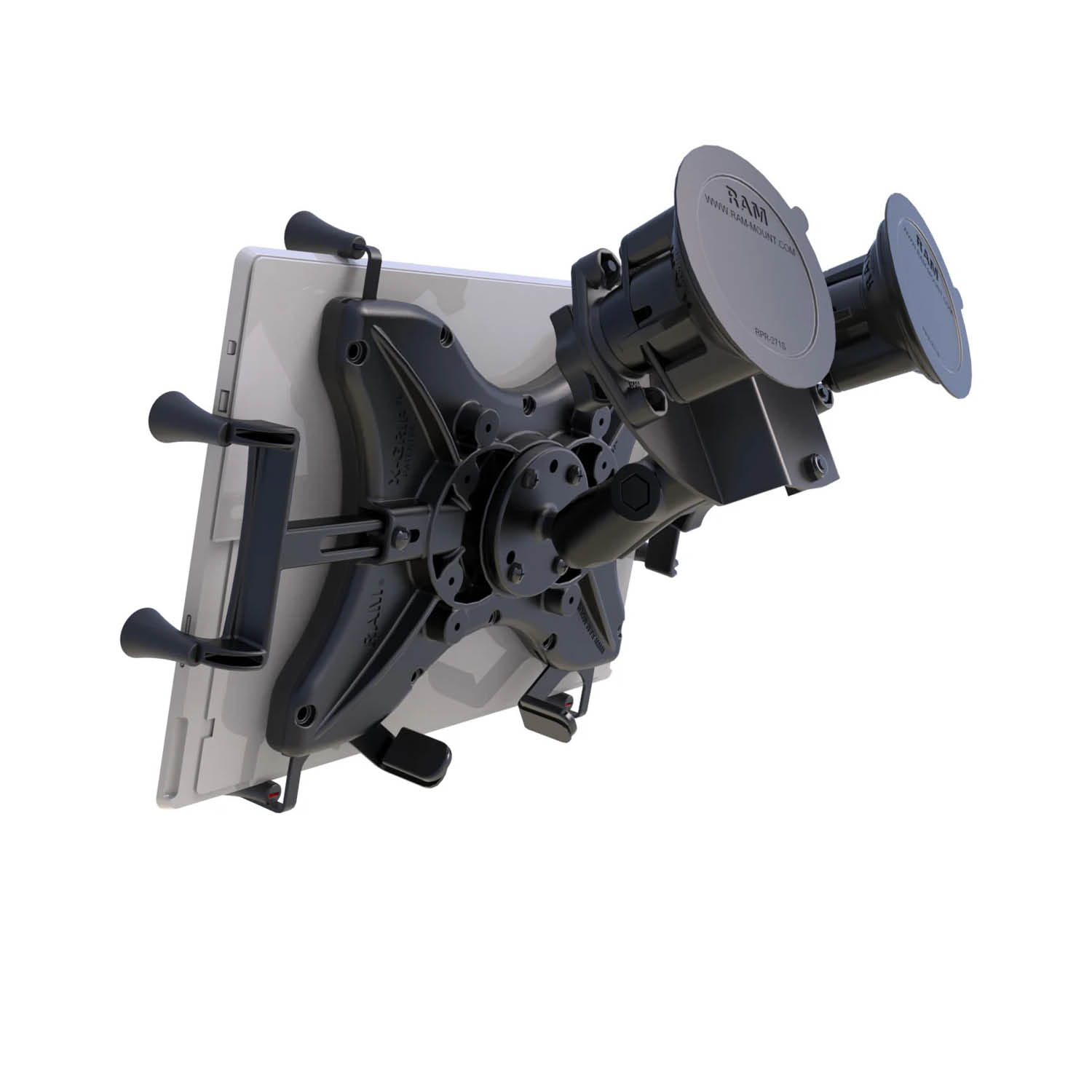 RAM Mounts X-Grip Doppel-Saugfuß-Halterung (Gewölbte Oberflächen) für 12-13 Zoll Tablets - Runde Basiskugel - Mittlerer Verbindungsarm - Saugfuß mit Trapez Basiskugel - B-Kugel (1 Zoll) - Schrauben-Set
