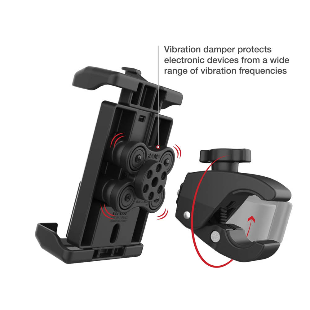RAM Mounts Tough-Claw (klein) mit Quick-Grip Pro XL Universal-Halteklammer für Smartphones - mit Vibrationsdämpfung, für Durchmesser 15,9-29,0 mm, MagSafe kompatibel