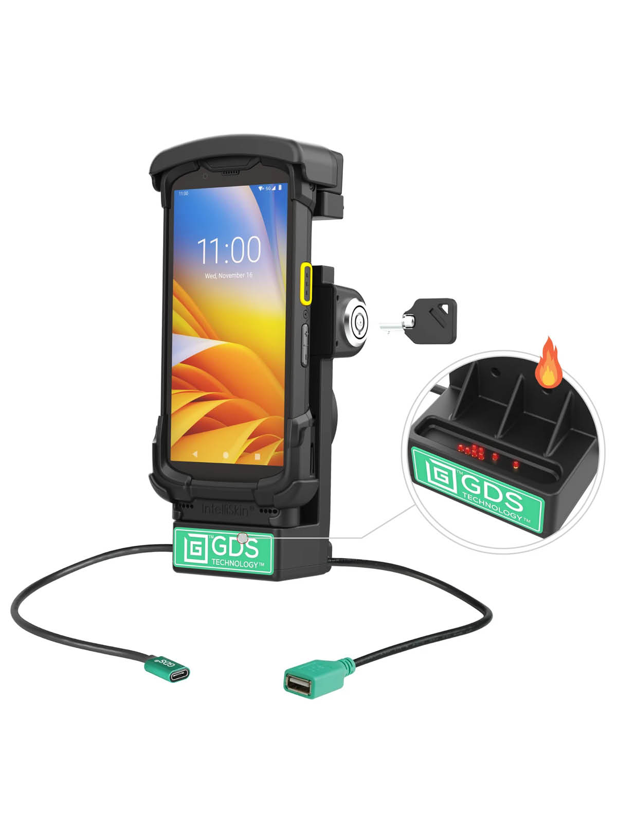 RAM Mounts GDS Halteschale (Schlüsselverriegelung) für Zebra TC73 & TC78 in IntelliSkin Schutzhülle - Beheizte Pogo-Pins - USB-C & USB-A-Anschluss