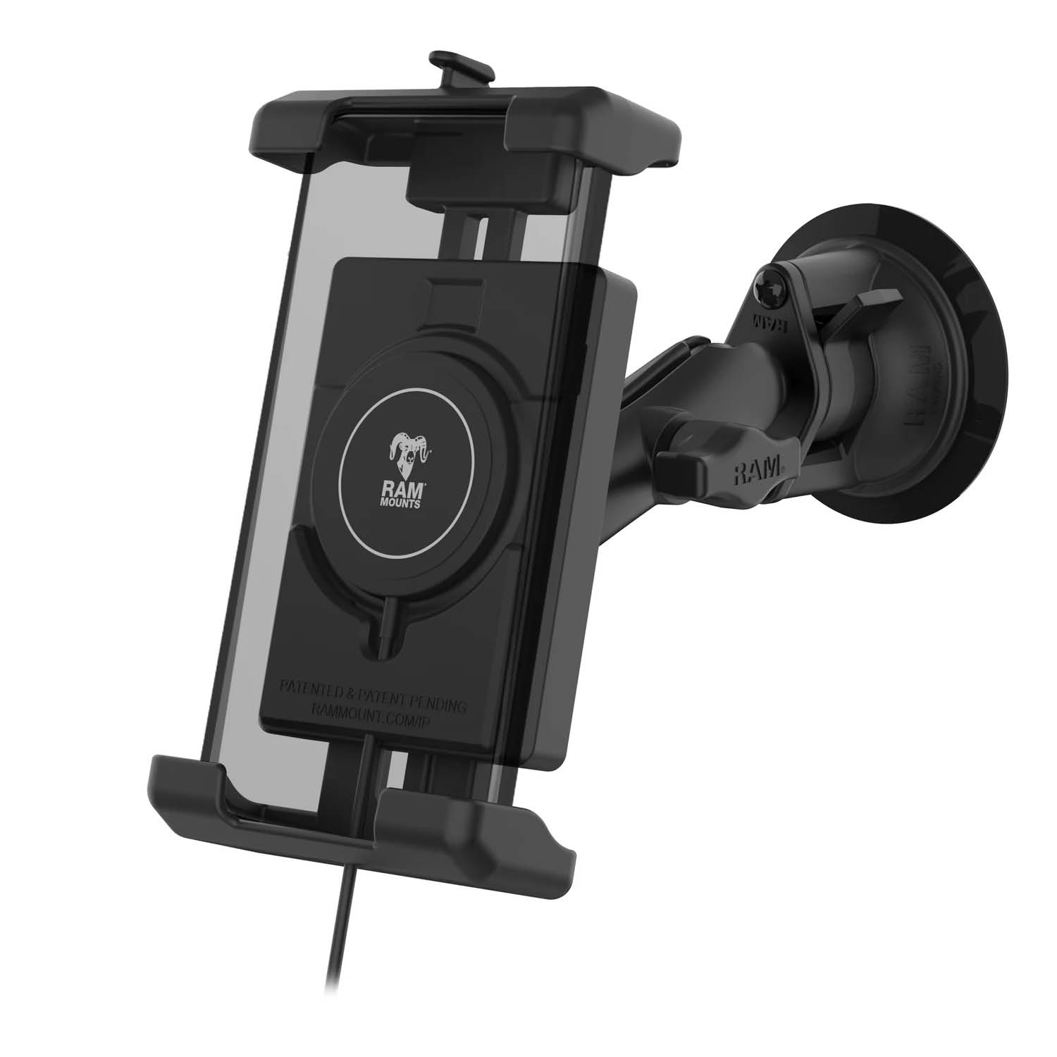 RAM Mounts Quick-Grip Pro XL Saugfußhalterung für Smartphones mit Qi2 Wireless Charger - Bis 88,9 mm Breite - Mag-Safe Kompatible - Trapez-Basiskugel - Mittlerer Verbindungsarm - Saugfuß mit Trapez-Basiskugel - B-Kugel (1 Zoll)