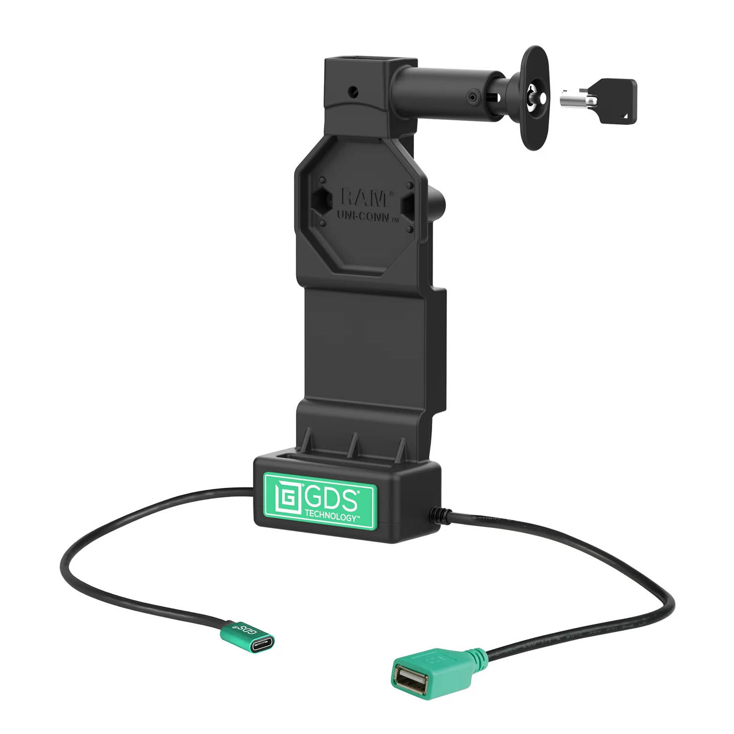RAM Mounts GDS Uni-Conn Charging Dock (Key-Locking) with Release Button - 2-Hole AMPS - USB-C & USB-A Connector - Screw Set