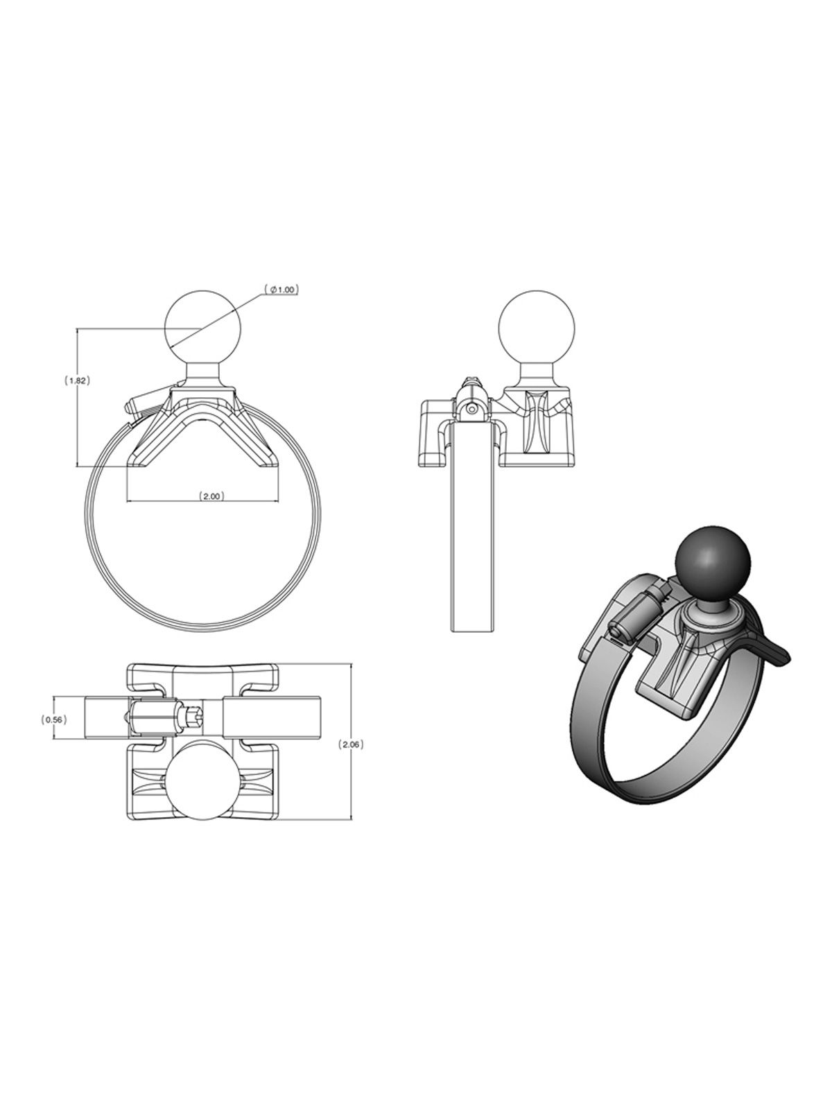 RAM Mounts Set - B-Kugel (1 Zoll), Rohrschelle, mittlerer Verbindungsarm, runde Basisplatte (AMPS), Schrauben-Set