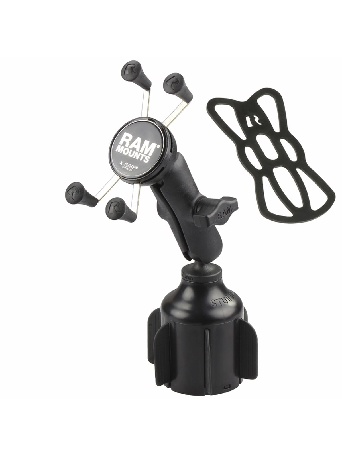 RAM Mounts Fahrzeug-Halterung mit X-Grip Halteklammer für Smartphones bis 82,6 mm Breite - B-Kugel (1 Zoll), Basis für Getränkehalter, mittlerer Verbindungsarm
