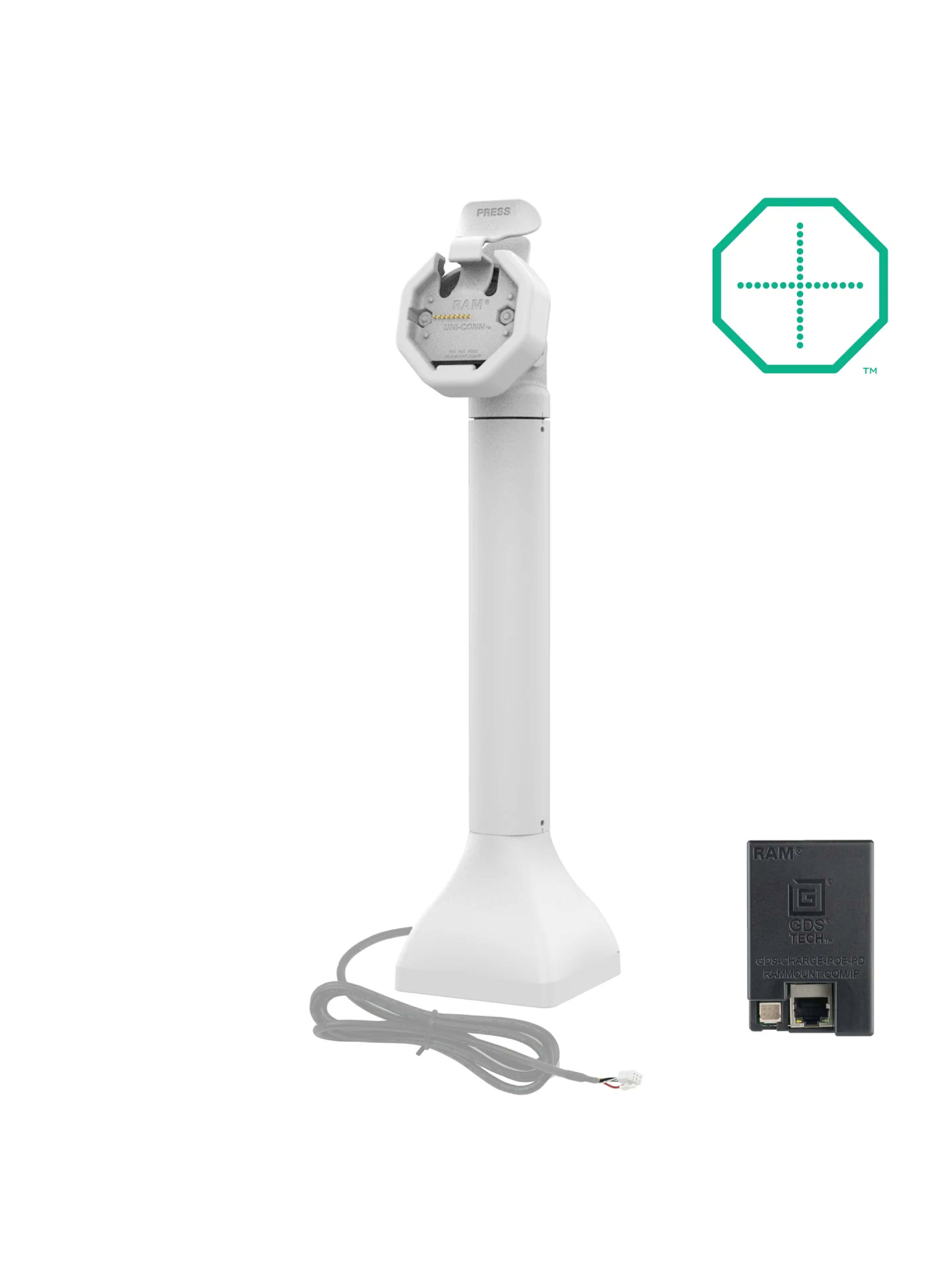 RAM Mounts GDS Uni-Conn Stand-Dockingstation (14 Zoll) - Rückseitige Pogo-Pins - Dreh-& Schwenkbar - RJ45-Anschluss - PoE (Power over Ethernet) - Hellgrau