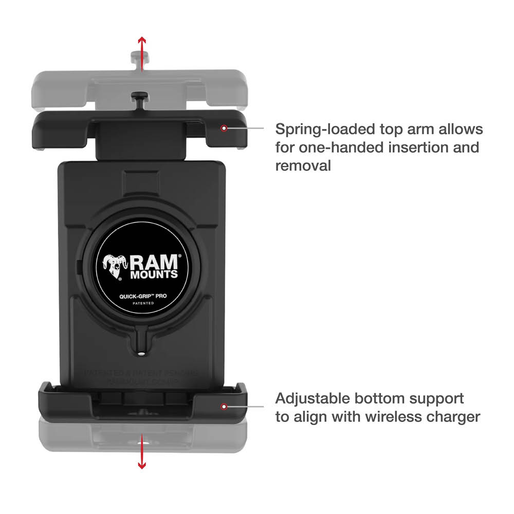 RAM Mounts Quick-Grip™ Pro XL Universal Lenker-/Rohr-Halterung - B-Kugel (1 Zoll), Schraub-Klemme (12,7-31,8 mm), kurzer Verbindungsarm, MagSafe kompatibel
