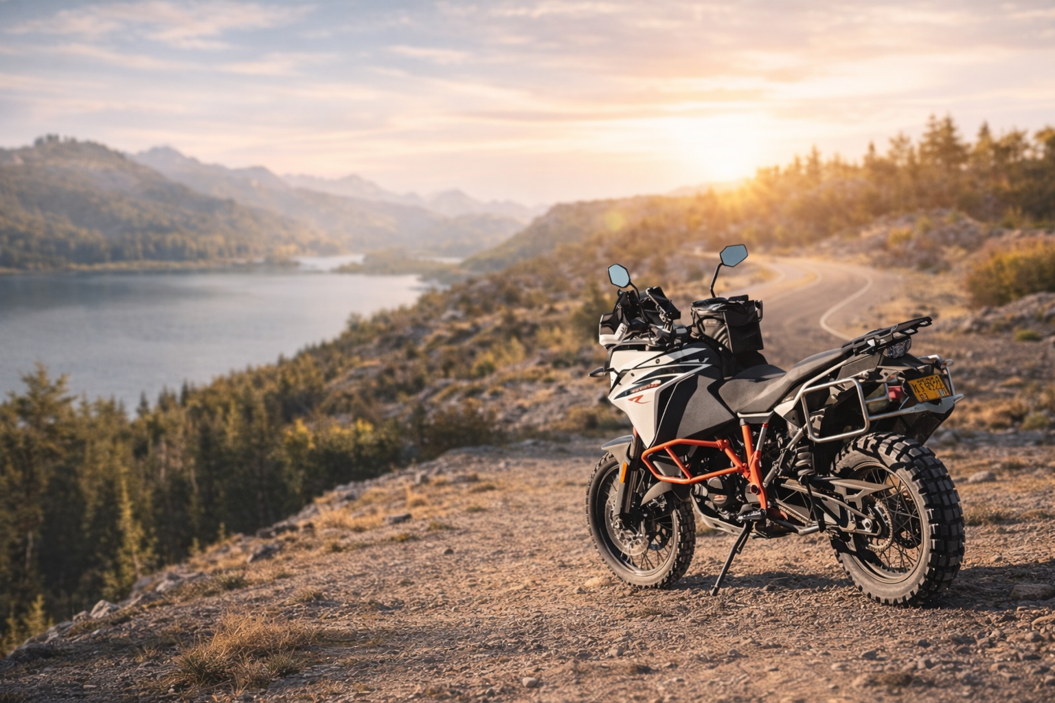 Motorrad im Sonnenuntergang in den Bergen