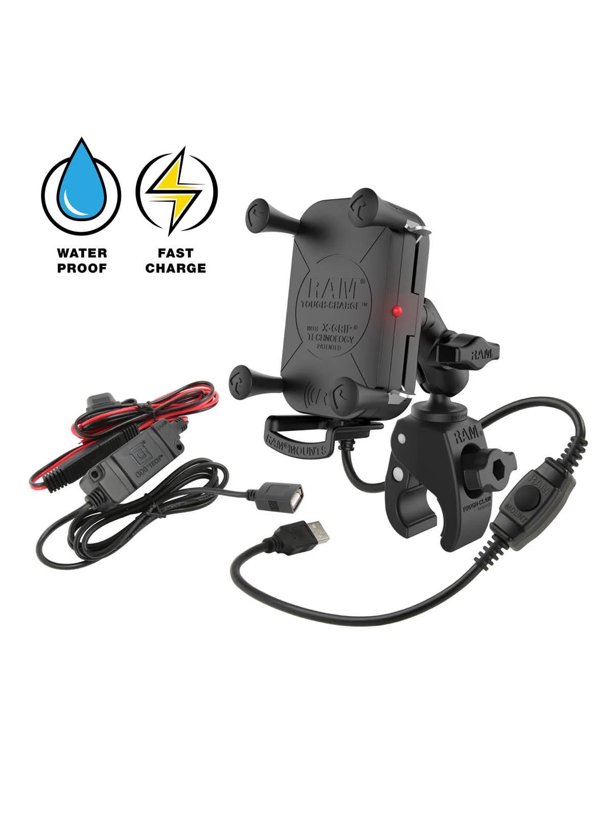 RAM Mounts Motorrad-Halterung für Smartphones mit Tough-Charge X-Grip Halteklammer inkl. Ladefunktion - B-Kugel (1 Zoll), QI kompatibel, spritzwassergeschützt, Durchmesser 15,9-29,0 mm