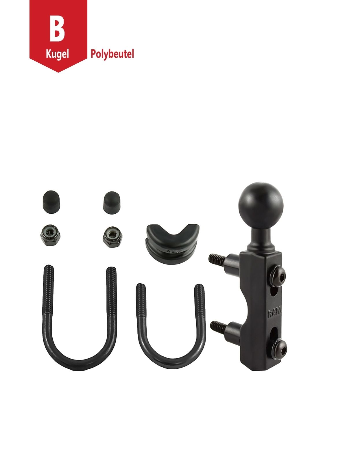 RAM Mounts Motorrad-Basisbefestigung Lenker/Bremse/Kupplung - B-Kugel (1 Zoll), U-Bügel, Durchmesserverkleinerer