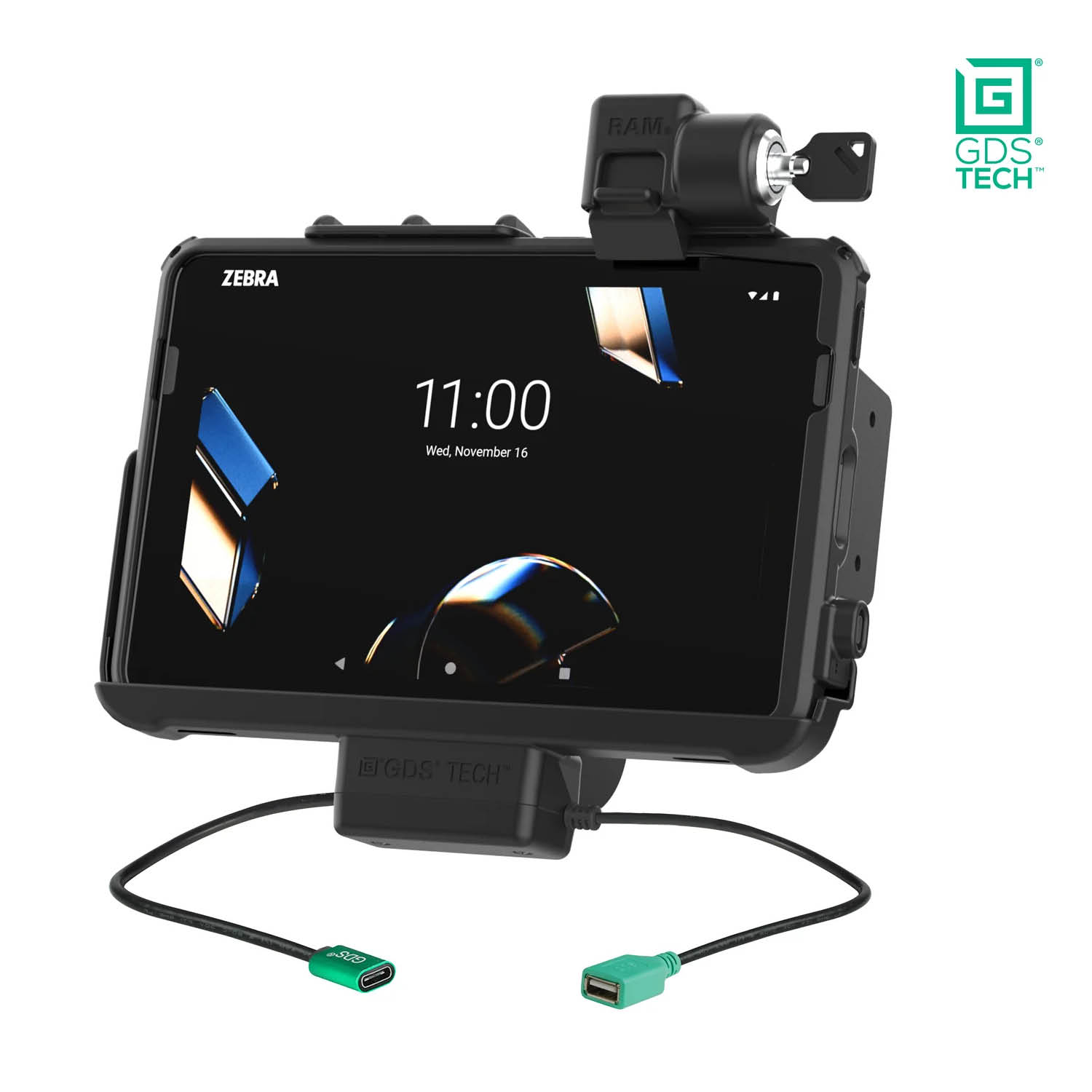 RAM Mounts GDS Form-Fit Holder (Key-Locking) for Zebra ET401, ET40 & ET45 (10") Tablets in IntelliSkin Protective Sleeve - USB-C & USB-A Supply